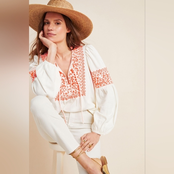 Maeve By Anthropologie Embroidered Cream and Pink Women's Top - Picture 4 of 13